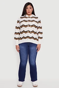 Plus Chevron Pointelle Knit Hooded Pullover Sweater