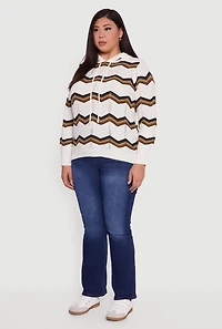 Plus Chevron Pointelle Knit Hooded Pullover Sweater