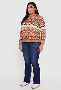 Womens Plus Size Chevron Pointelle Knit Hooded Pullover Sweater, Brown, Size 2X