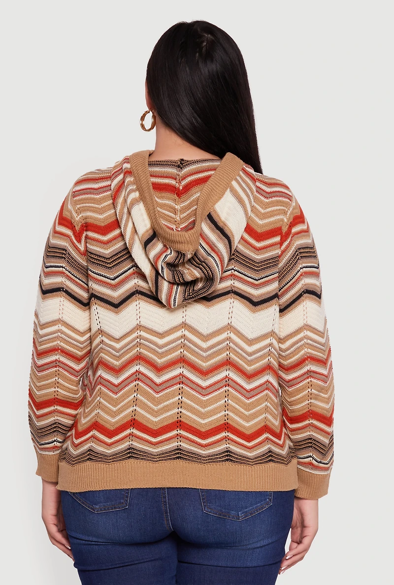 Womens Plus Size Chevron Pointelle Knit Hooded Pullover Sweater, Brown, Size 2X