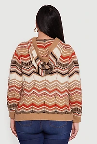 Womens Plus Size Chevron Pointelle Knit Hooded Pullover Sweater, Brown, Size 2X