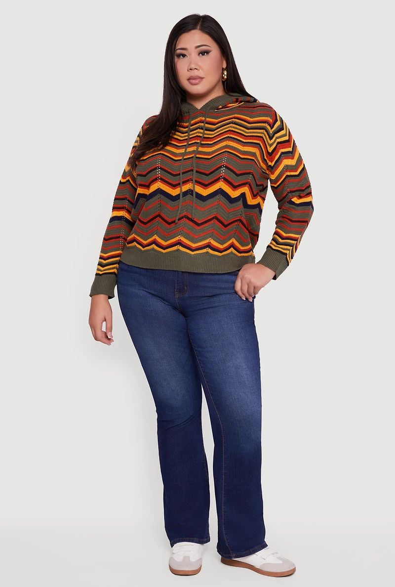 Plus Chevron Pointelle Knit Hooded Pullover Sweater