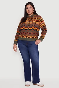 Plus Chevron Pointelle Knit Hooded Pullover Sweater