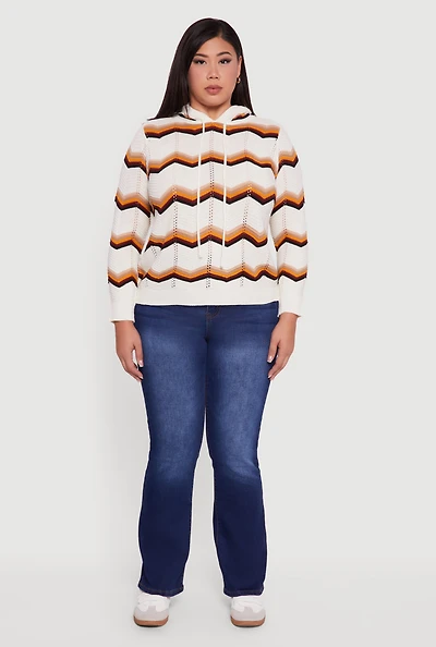 Womens Plus Size Chevron Pointelle Knit Hooded Pullover Sweater, Multi, Size 1X