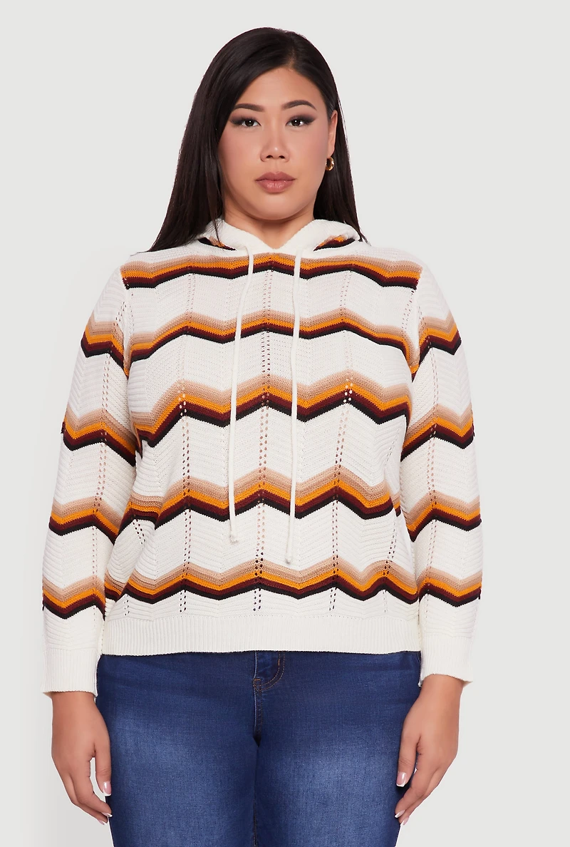 Womens Plus Size Chevron Pointelle Knit Hooded Pullover Sweater, Multi, Size 1X