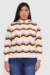 Womens Plus Size Chevron Pointelle Knit Hooded Pullover Sweater, Multi, Size 1X