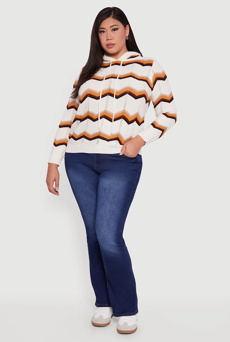 Plus Chevron Pointelle Knit Hooded Pullover Sweater