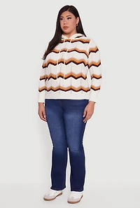 Womens Plus Size Chevron Pointelle Knit Hooded Pullover Sweater, Multi, Size 1X