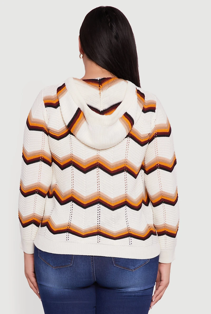 Womens Plus Size Chevron Pointelle Knit Hooded Pullover Sweater, Multi, Size 1X