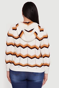 Womens Plus Size Chevron Pointelle Knit Hooded Pullover Sweater, Multi, Size 1X