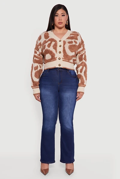 Womens Plus Tufted Knit Cropped Button Front Cardigan,