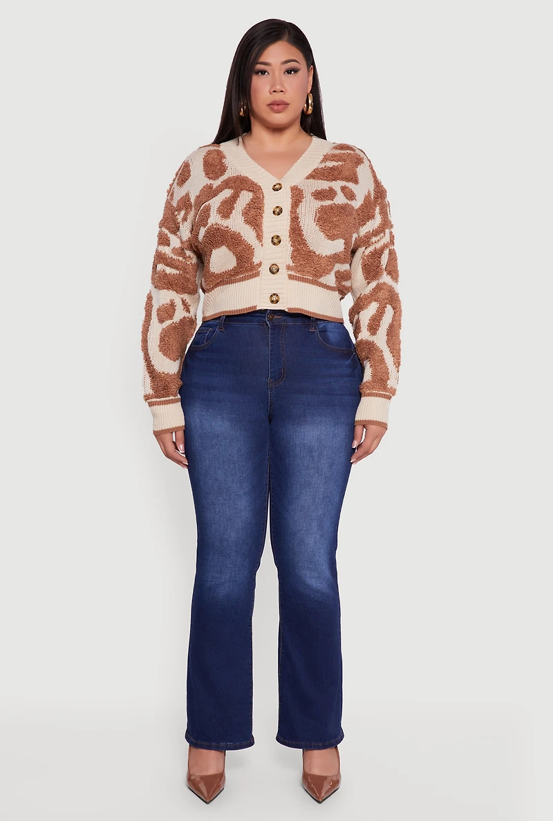 Womens Plus Tufted Knit Cropped Button Front Cardigan, 3X