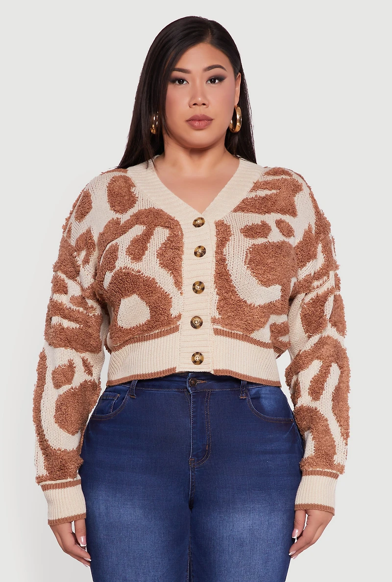 Womens Plus Tufted Knit Cropped Button Front Cardigan, 3X