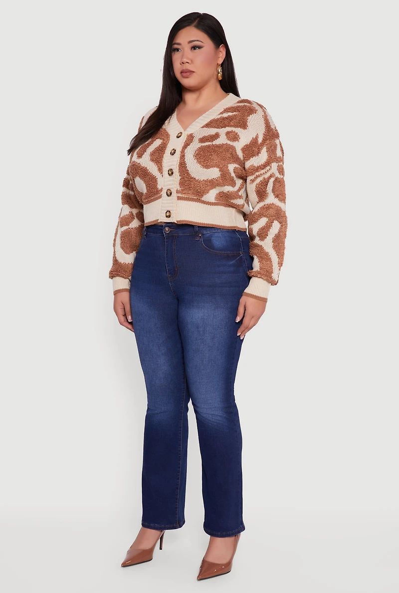 Womens Plus Tufted Knit Cropped Button Front Cardigan, 3X