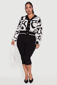 Womens Plus Tufted Knit Cropped Button Front Cardigan,