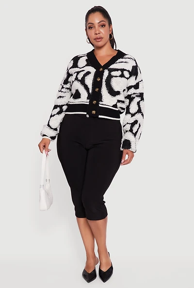 Womens Plus Tufted Knit Cropped Button Front Cardigan,
