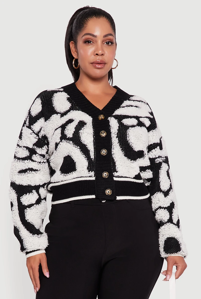 Womens Plus Size Tufted Knit Cropped Button Front Cardigan, Multi, Size 1X