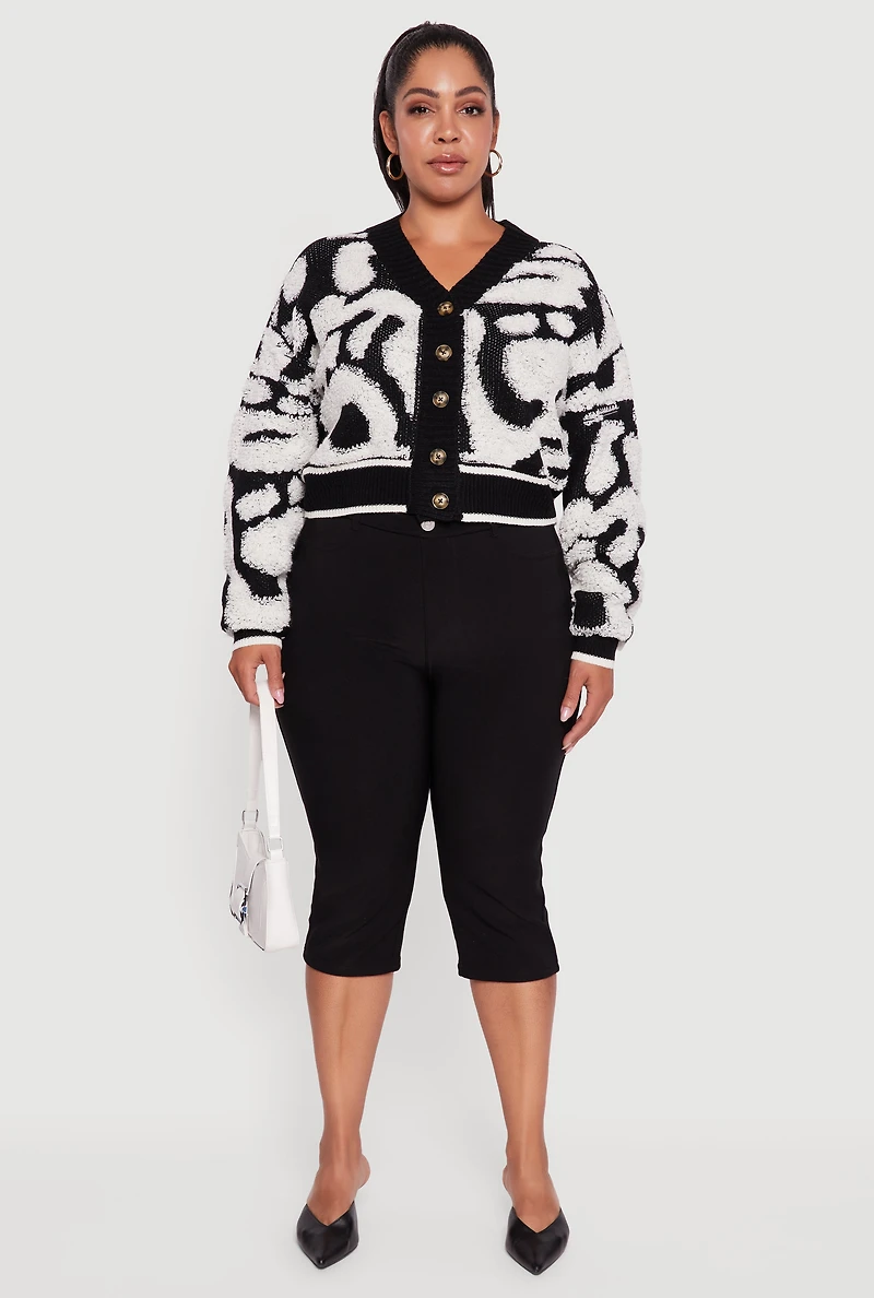 Womens Plus Size Tufted Knit Cropped Button Front Cardigan, Multi, Size 2X