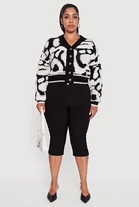 Womens Plus Size Tufted Knit Cropped Button Front Cardigan, Multi, Size 2X