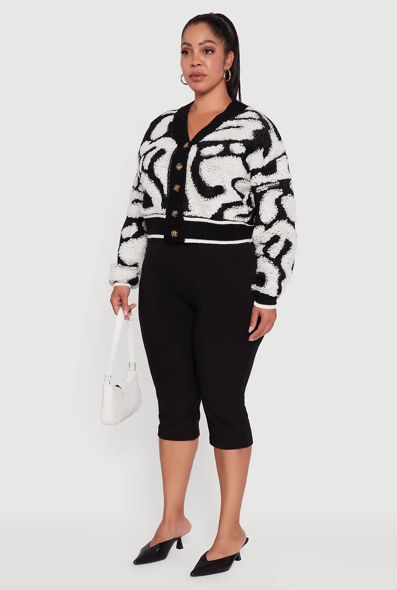 Womens Plus Tufted Knit Cropped Button Front Cardigan,