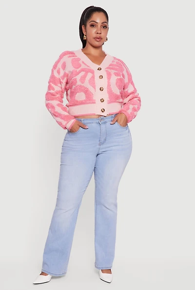 Plus Tufted Knit Cropped Button Front Cardigan