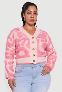 Plus Tufted Knit Cropped Button Front Cardigan