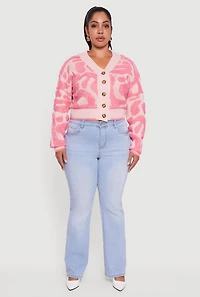 Womens Plus Size Tufted Knit Cropped Button Front Cardigan, Pink, Size 2X