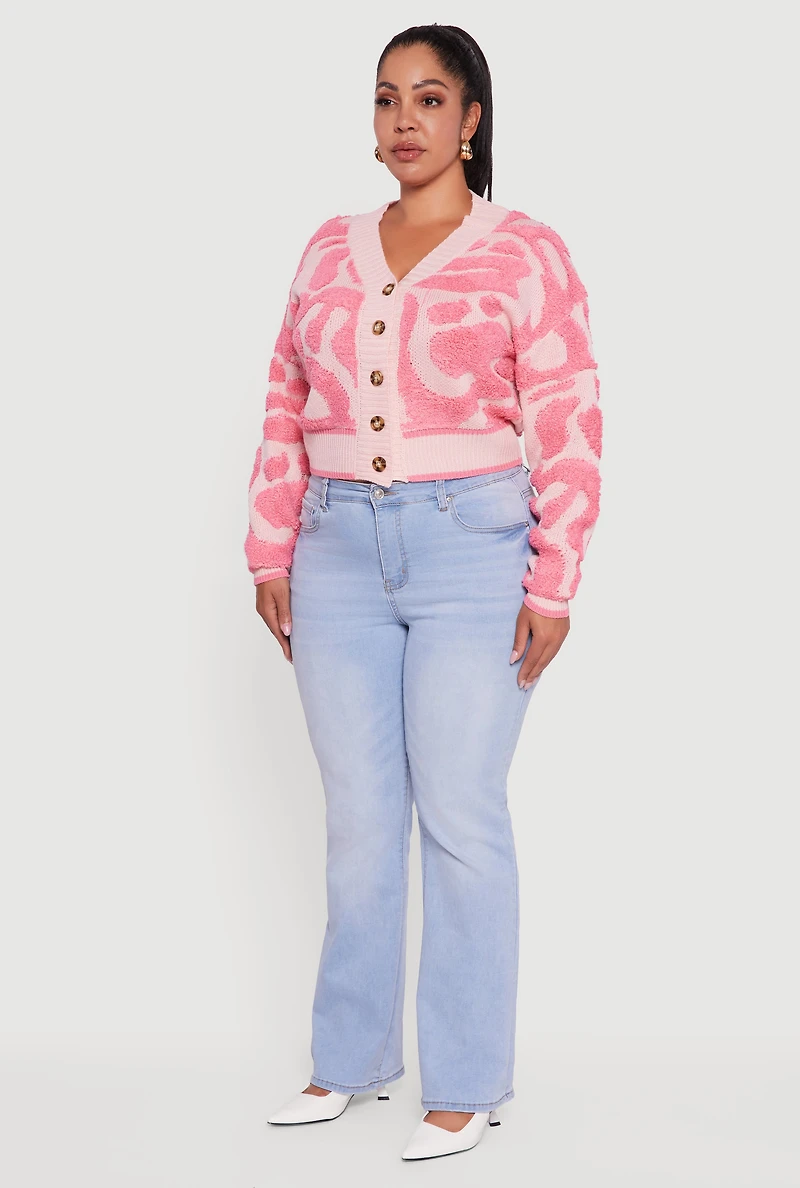 Plus Tufted Knit Cropped Button Front Cardigan