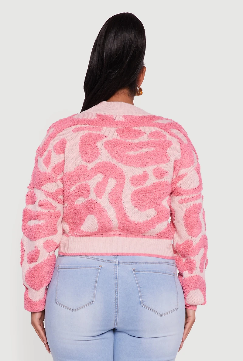 Womens Plus Size Tufted Knit Cropped Button Front Cardigan, Pink, Size 2X