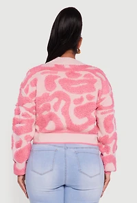 Womens Plus Size Tufted Knit Cropped Button Front Cardigan, Pink, Size 2X