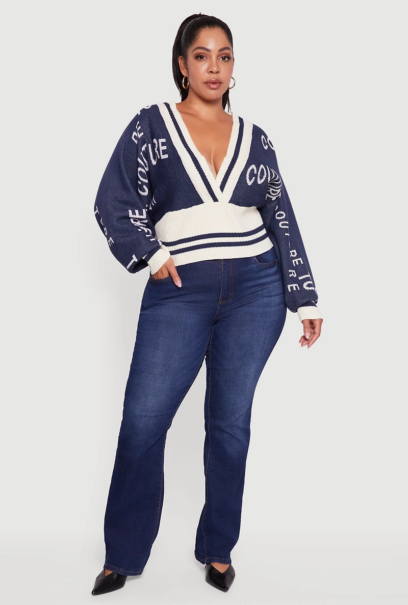 Womens Plus Size Couture V-Neck Sweater, Blue, Size 2X