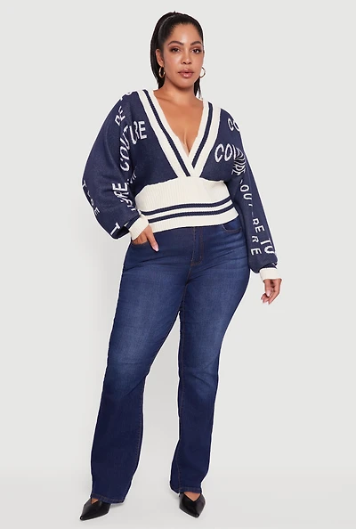 Womens Plus Size Couture V-Neck Sweater, Blue, Size 2X