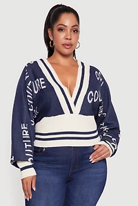 Womens Plus Size Couture V-Neck Sweater, Blue, Size 2X