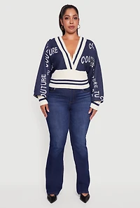 Womens Plus Size Couture V-Neck Sweater, Blue, Size 2X