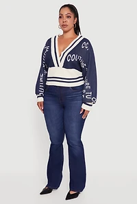 Womens Plus Size Couture V-Neck Sweater, Blue, Size 2X