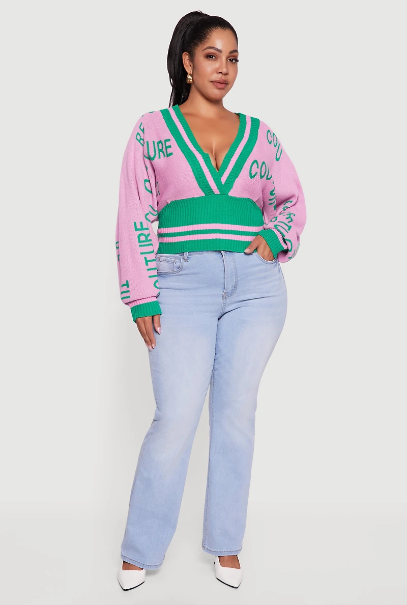 Womens Plus Size Couture V-Neck Sweater, Pink, Size 3X