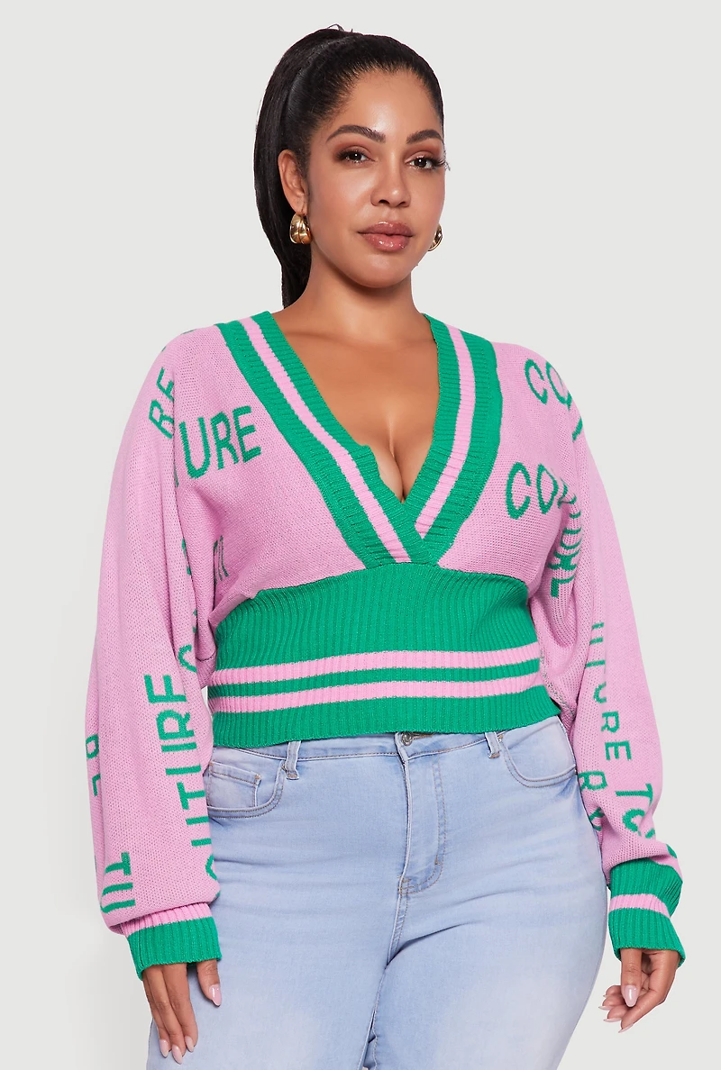 Womens Plus Couture V-Neck Sweater, Pink,