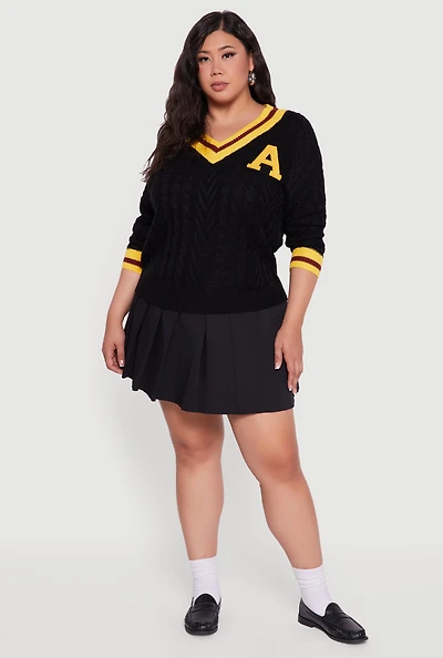 Womens Plus Size Cable Knit Varsity Stripe Sweater, Black, Size 3X