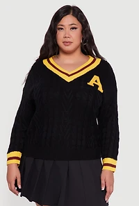Womens Plus Cable Knit Varsity Stripe Sweater,