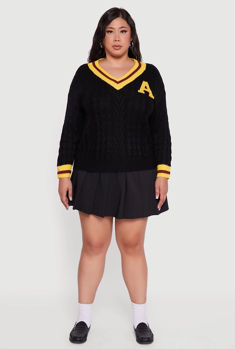 Womens Plus Cable Knit Varsity Stripe Sweater,