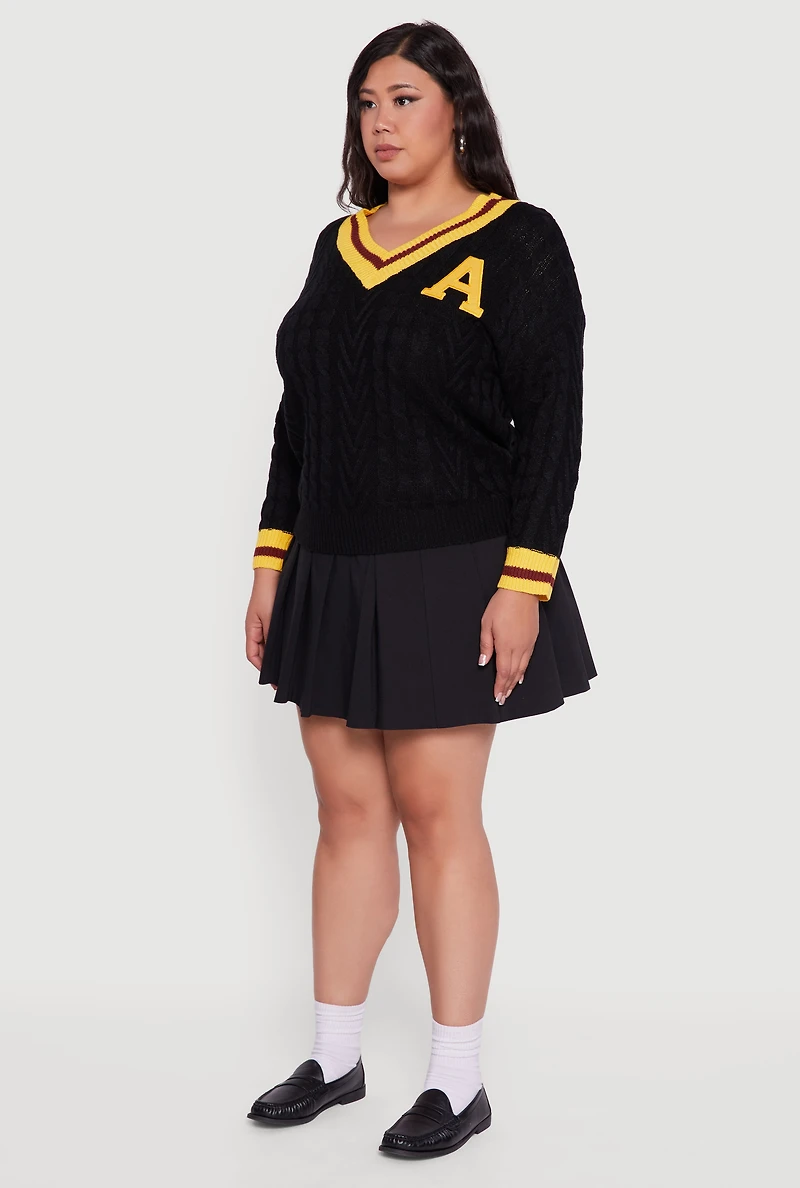 Womens Plus Cable Knit Varsity Stripe Sweater,