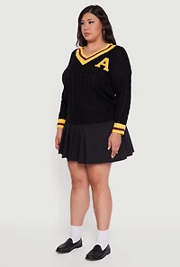 Womens Plus Cable Knit Varsity Stripe Sweater,