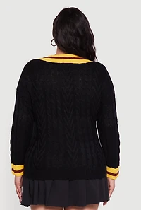 Womens Plus Cable Knit Varsity Stripe Sweater,