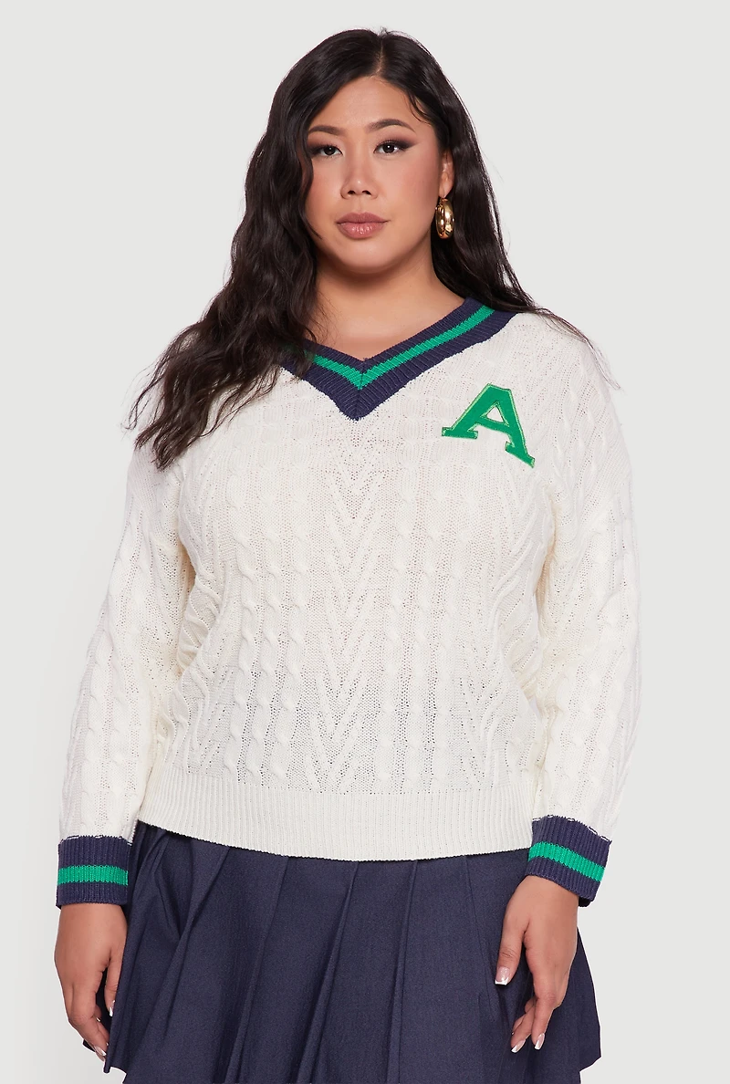 Womens Plus Size Cable Knit Varsity Stripe Sweater, White, Size 1X