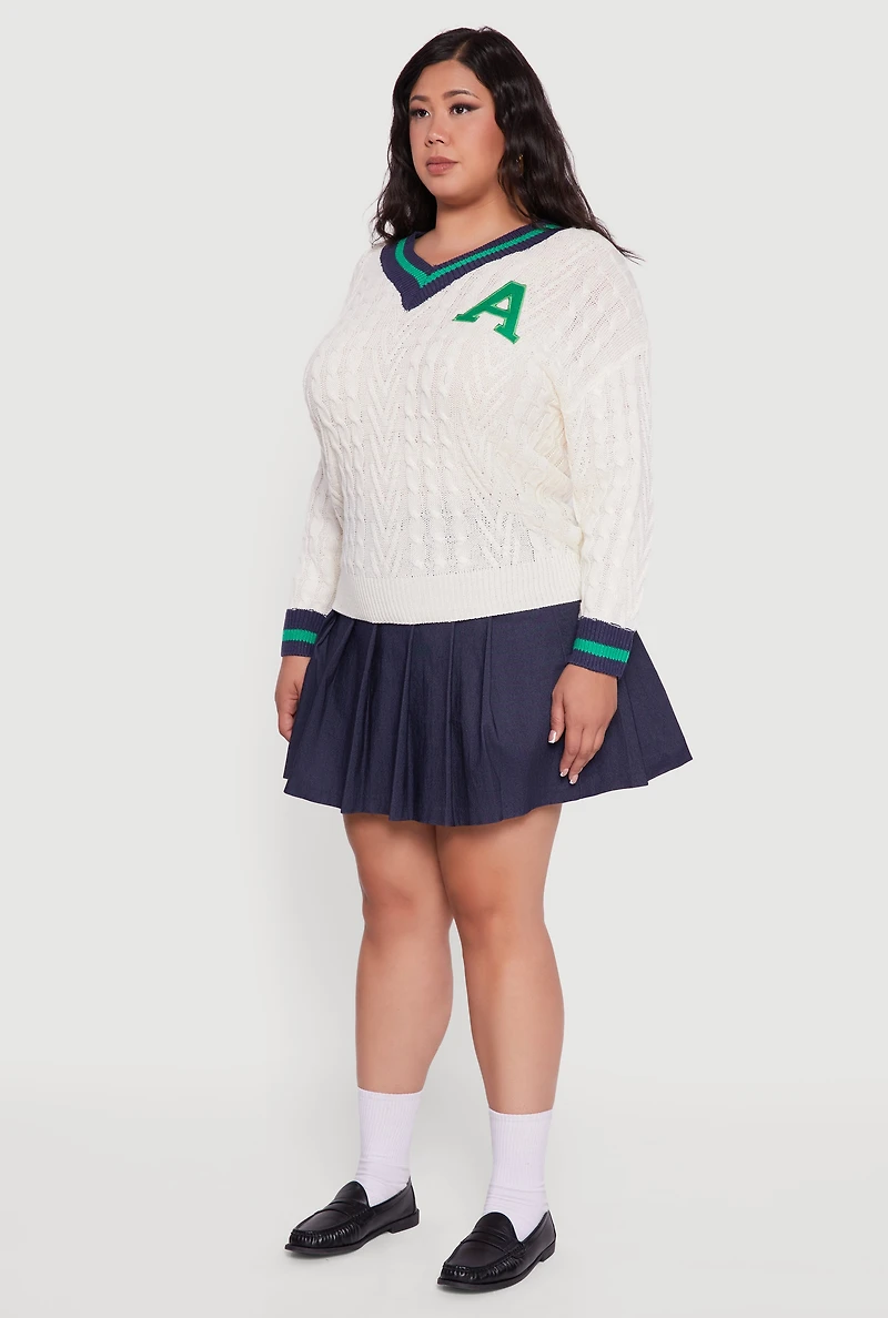 Womens Plus Size Cable Knit Varsity Stripe Sweater, White, Size 1X
