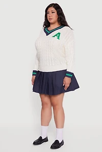 Womens Plus Size Cable Knit Varsity Stripe Sweater, White, Size 1X