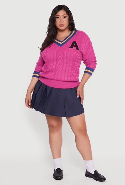Womens Plus Size Cable Knit Varsity Stripe Sweater, Pink, Size 3X