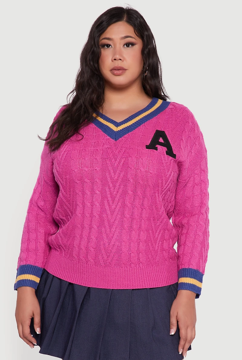 Womens Plus Size Cable Knit Varsity Stripe Sweater, Pink, Size 3X