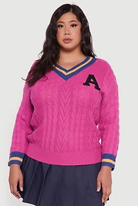 Womens Plus Size Cable Knit Varsity Stripe Sweater, Pink, Size 2X