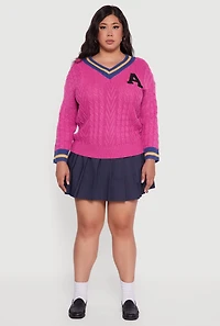 Womens Plus Size Cable Knit Varsity Stripe Sweater, Pink, Size 3X